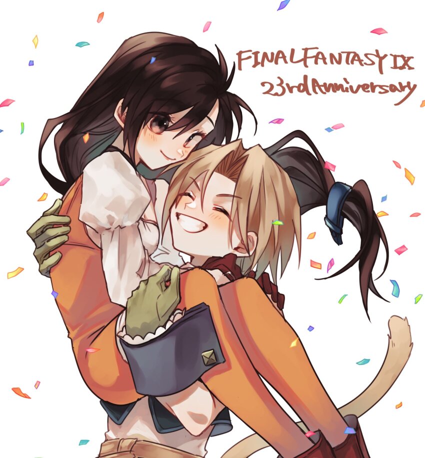 1boy 1girl black_hair blonde_hair blush bodysuit breasts carrying choker cleavage confetti final_fantasy final_fantasy_ix garnet_til_alexandros_xvii gloves highres long_hair long_sleeves low-tied_long_hair medium_breasts orange_bodysuit princess_carry simple_background smile tail tomato_(otom67) white_background zidane_tribal