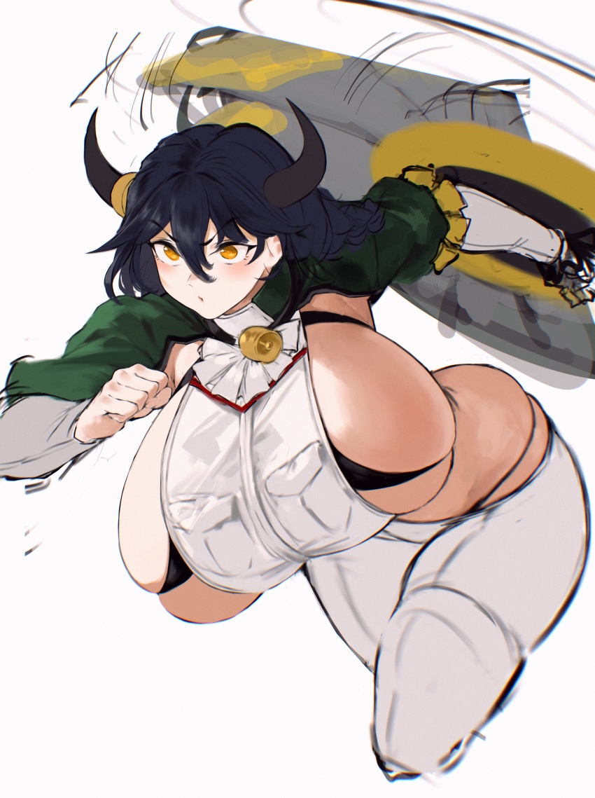 1girl absurdres action ajax_(last_origin) bell black_hair bouncing_breasts braid breasts character_request hair_between_eyes highres horns huge_breasts last_origin long_hair looking_ahead rowkiba running shrug_(clothing) sideboob sideless_outfit skindentation solo thong white_background yellow_eyes