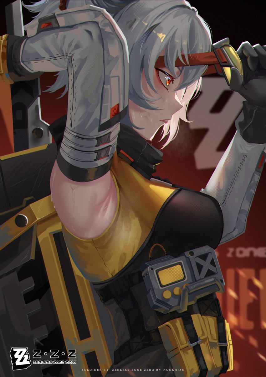 1girl absurdres arm_up armpits artist_name black_gloves black_shirt breasts commentary detached_sleeves english_commentary from_side gloves highres holding holding_sword holding_weapon large_breasts logo looking_ahead nonkhian orange_eyes parted_lips profile shirt short_hair soldier_11_(zenless_zone_zero) solo sweat sword upper_body weapon white_hair white_sleeves yellow_undershirt zenless_zone_zero