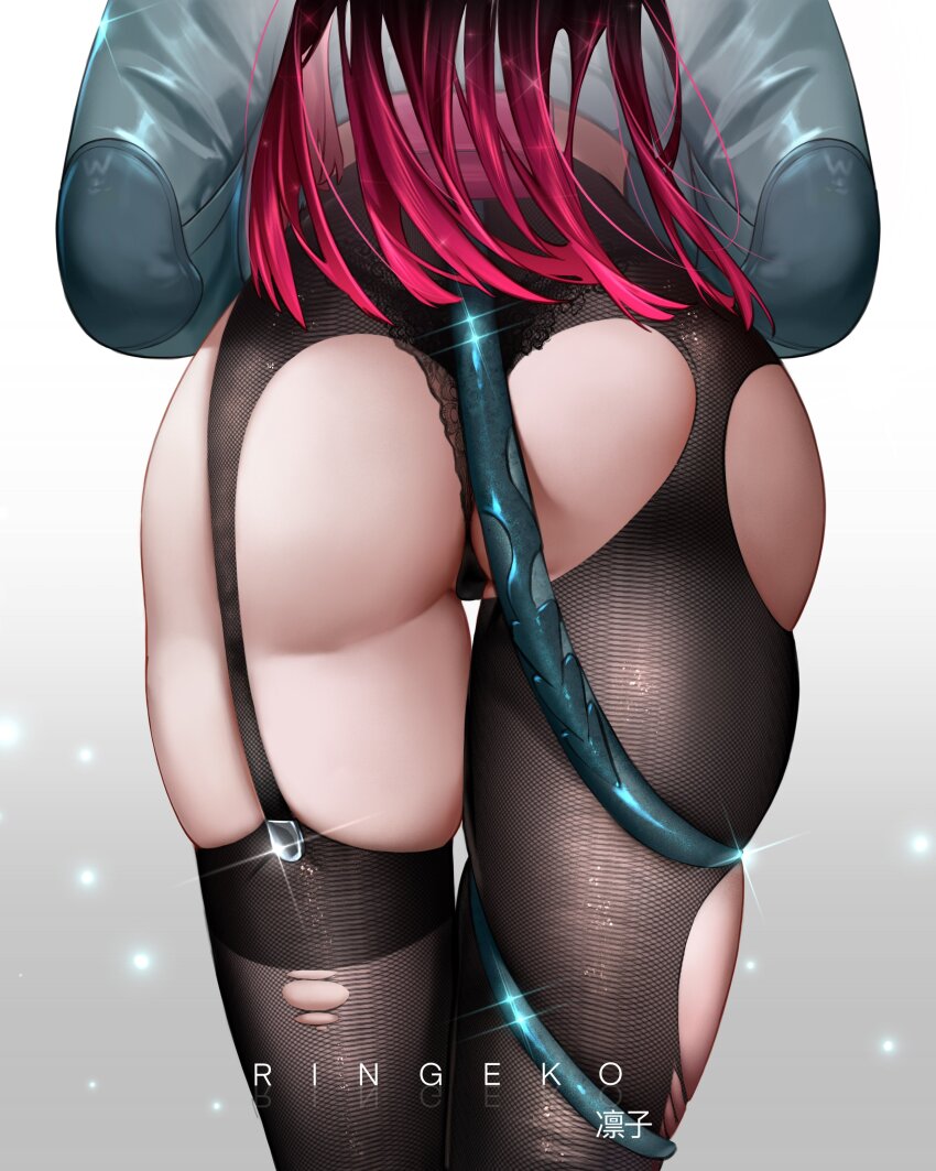 1girl absurdres artist_name ass ass_focus black_garter_straps black_hair black_panties commentary from_behind garter_straps grey_background head_out_of_frame highres jacket jane_doe_(zenless_zone_zero) leg_focus long_hair lower_body multicolored_hair panties pantyhose red_hair ringeko-chan single_leg_pantyhose single_thighhigh skindentation solo tail tail_around_own_leg thick_thighs thighhighs thighs torn_clothes torn_pantyhose torn_thighhighs two-tone_hair underwear zenless_zone_zero