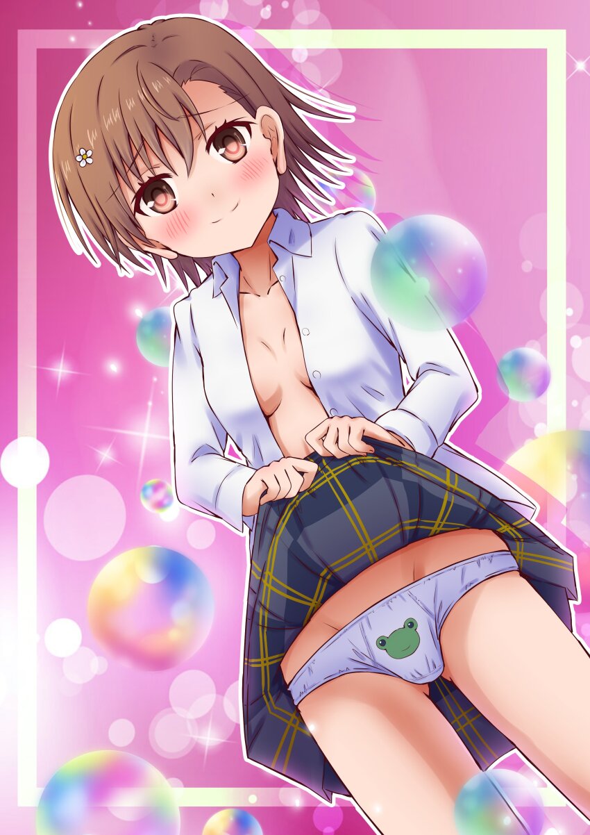 1girl 2020 20s absurdres blush breasts brown_eyes bubble_background clothes_lift collarbone eu_(tounaeu2517) flashing flower gekota gluteal_fold hair_flower hair_ornament highres holding looking_at_viewer matching_hair/eyes miniskirt misaka_mikoto no_bra open_clothes panties pink_background pleated_skirt school_uniform short_hair skirt skirt_lift small_breasts smile solo thighs toaru_kagaku_no_railgun toaru_majutsu_no_index tokiwadai_school_uniform underwear upskirt white_panties winter_uniform