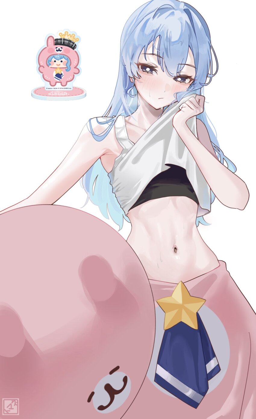 1girl animal_costume bear_costume black_sports_bra blue_hair chibi collarbone crop_top highres hololive hoshimachi_suisei light_blue_hair navel pink_bear simple_background solo sports_bra steam sweat tank_top tomanesan toned toned_female virtual_youtuber white_background white_tank_top