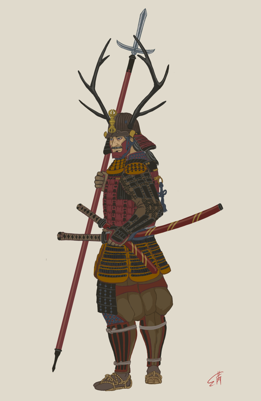 17th_century 1boy antlers armor facial_hair helmet highres horns japanese_armor kabuto_(helmet) late_sengoku_period male_focus mustache polearm real_life sama-no-kami_(artist) sanada_yukimura spear sword tachi_(weapon) wakizashi weapon yari