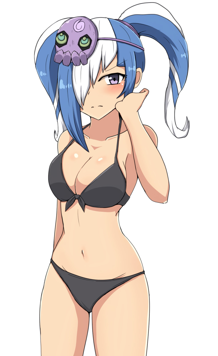 1girl arm_behind_back bikini black_bikini blue_hair blush braid breasts dark-skinned_female dark_skin hair_ornament hair_over_one_eye hand_up highres inazuma_eleven_(game) inazuma_eleven_(series) inazuma_eleven_go multicolored_hair navel purple_eyes shiny_skin simple_background skull skull_hair_ornament solo standing swimsuit twin_braids twintails white_background white_hair