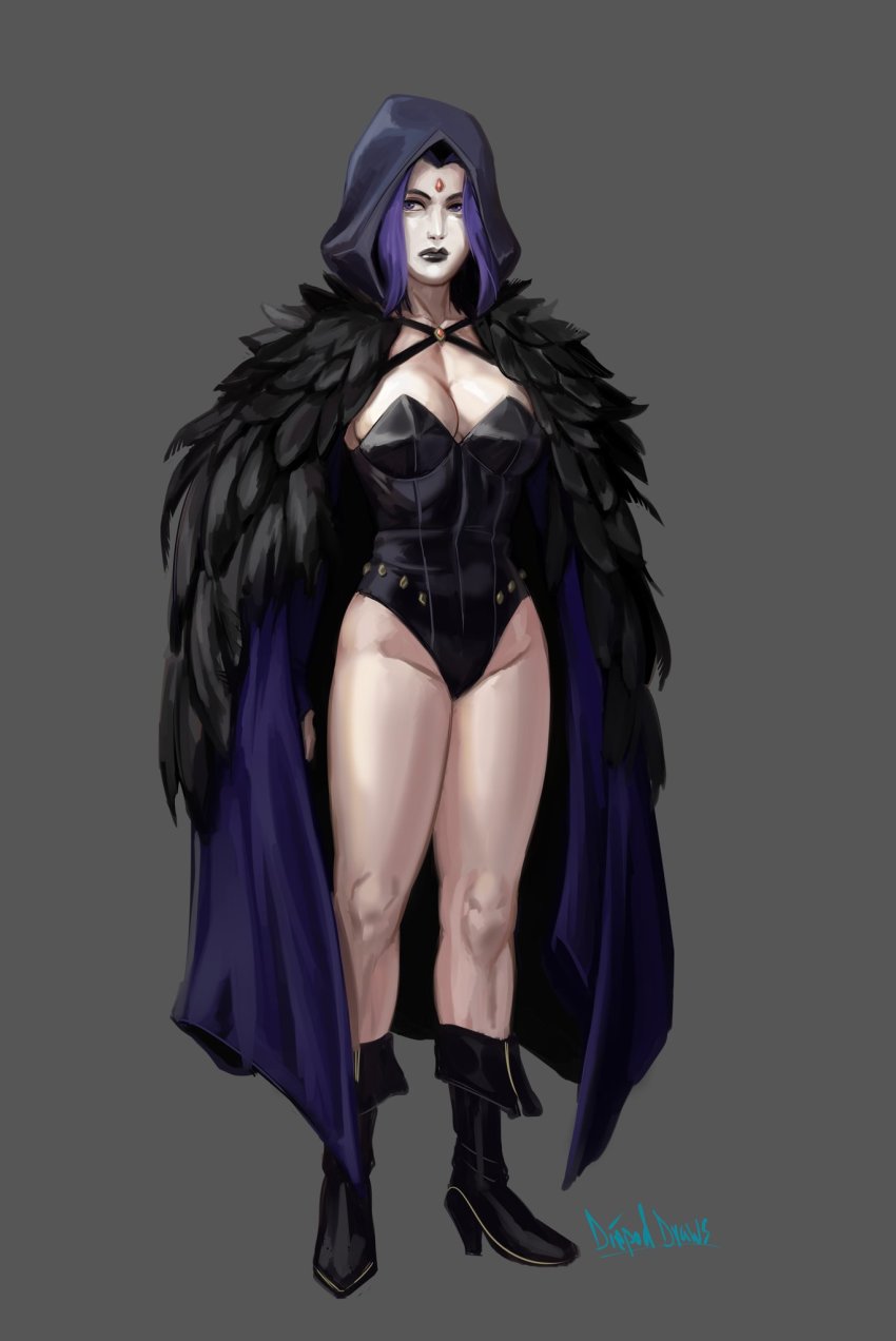 1girl black_lips boots breasts cleavage colored_skin dc_comics diepod grey_skin high_heel_boots high_heels highres hood legs purple_hair raven_(dc) teen_titans