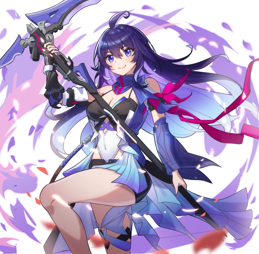 1girl ahoge armband bare_shoulders black_shorts breasts cleavage closed_mouth commentary cowboy_shot english_commentary floating_hair hair_between_eyes holding holding_scythe honkai:_star_rail honkai_(series) long_hair looking_at_viewer medium_breasts purple_eyes purple_hair purple_scarf red_armband saylamars scarf scarf_choker scythe seele_(honkai:_star_rail) shorts smile solo