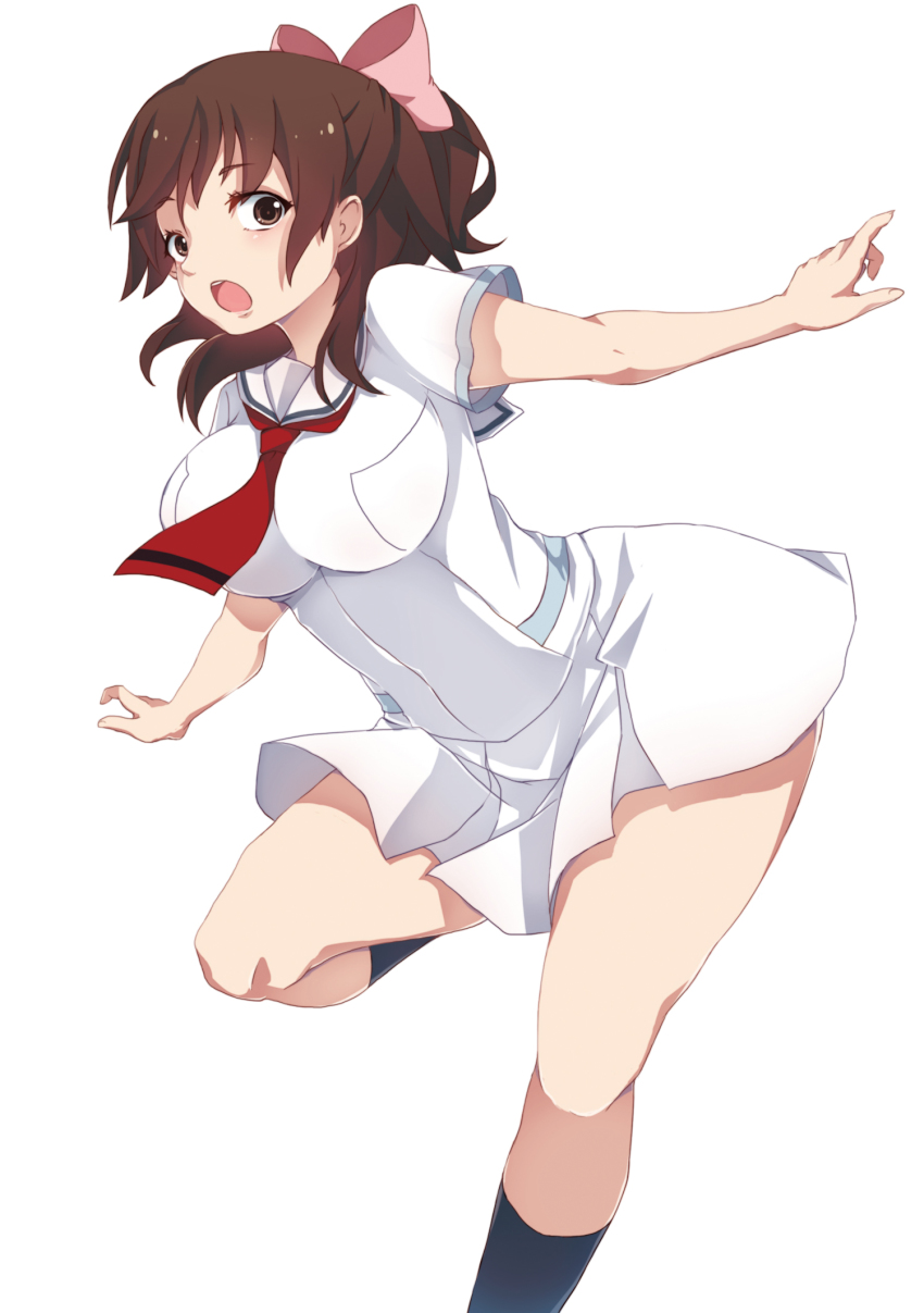 1girl aoi_minamo bad_id bad_pixiv_id bow breasts brown_eyes brown_hair curvy dress female_focus hair_ribbon highres kneehighs large_breasts leaning_forward legs looking_at_viewer open_mouth real_drive ribbon school_uniform shiro_yurine short_hair simple_background socks solo standing standing_on_one_leg white_background wide_hips