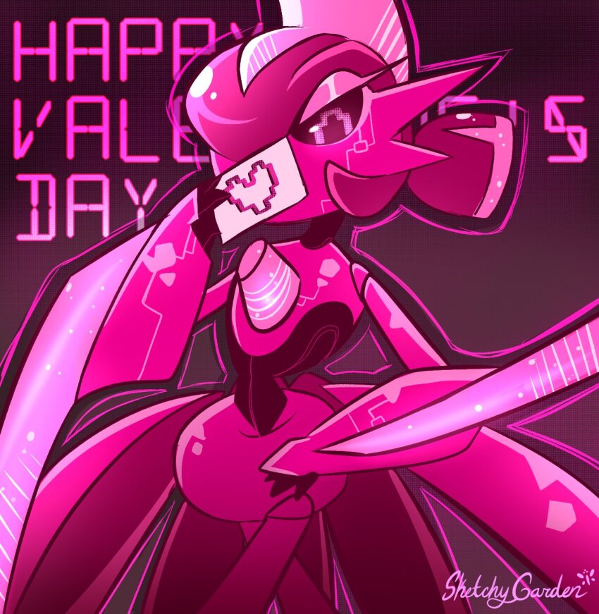 alternate_color colored_skin covering_own_mouth creatures_(company) game_freak hand_on_own_hip happy_valentine heart highres holding holding_letter humanoid_robot iron_valiant letter looking_at_viewer looking_down nintendo pink_eyes pink_hair pink_skin pokemon pokemon_(creature) robot sketchygarden