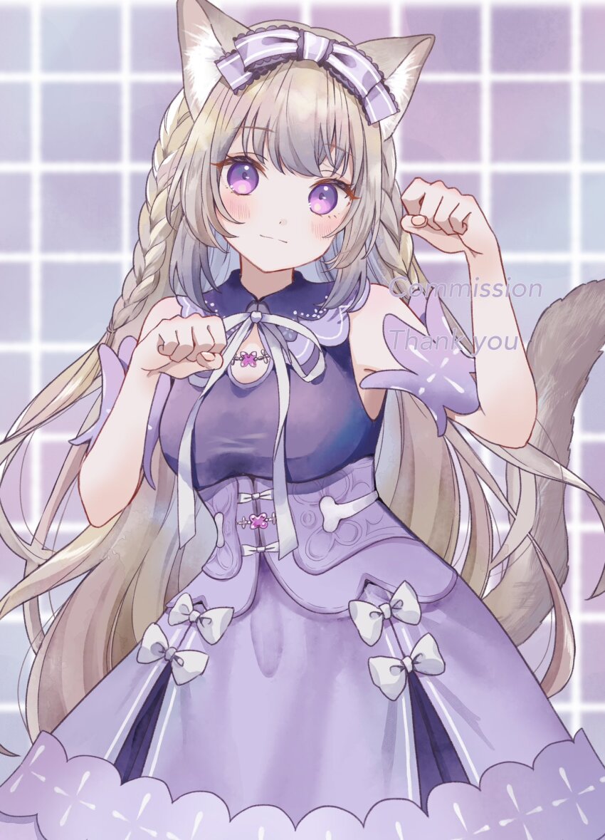 1girl :| animal_ears arm_cuffs bare_shoulders blush bow braid breasts closed_mouth commission cowboy_shot dress hair_bow hand_up head_tilt highres light_brown_hair long_hair looking_at_viewer original paw_pose purple_background purple_bow purple_dress purple_eyes skeb_commission sleeveless sleeveless_dress small_breasts solo tail white_bow yuyuharu_1027