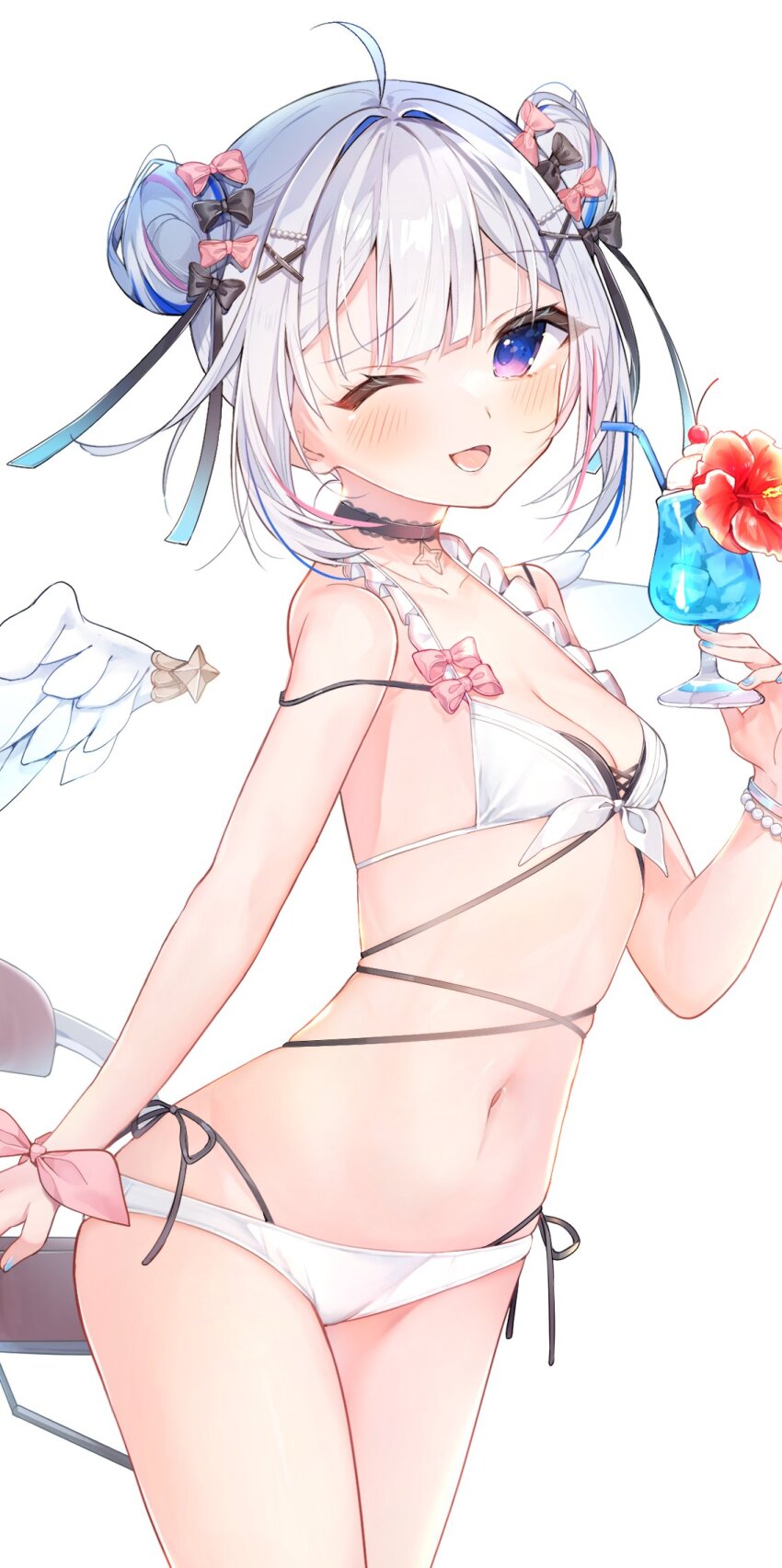 1girl :d ahoge amane_kanata amane_kanata_(summer) bead_bracelet beads bikini black_choker blue_hair blue_nails blush bow bracelet breasts center-flap_bangs choker cleavage cocktail cocktail_glass colored_inner_hair commentary_request cup detached_wings double-parted_bangs double_bun drinking_glass eme_(emeralda) feathered_wings frilled_bikini_top from_side front-tie_bikini_top front-tie_top grey_hair hair_bow hair_bun hair_intakes hair_ornament hairclip highres holding holding_cup hololive jewelry knees_out_of_frame lace-trimmed_choker lace_trim looking_at_viewer mini_wings multi-strapped_bikini_bottom multi-strapped_bikini_top multicolored_hair multiple_hair_bows navel official_alternate_hairstyle one_eye_closed open_mouth pink_hair purple_eyes short_hair side-tie_bikini_bottom simple_background small_breasts smile solo standing star_(symbol) star_choker stomach streaked_hair swimsuit virtual_youtuber white_background white_bikini wings wrist_bow wristband x_hair_ornament