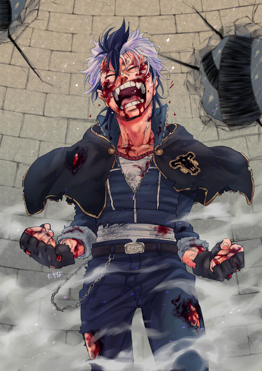 1boy bay_tyn black_bulls_(emblem) black_capelet black_clover black_hair blood blood_from_mouth blood_on_clothes blood_on_face blood_on_hands capelet clenched_hands denim highres magna_swing male_focus multicolored_hair open_mouth purple_hair shouting solo