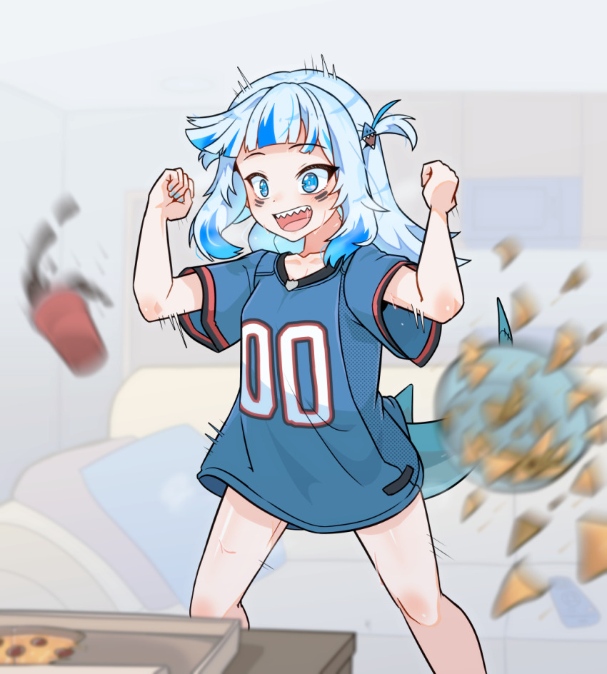 1girl american_football_uniform blue_eyes blue_hair bowl commission couch cup disposable_cup fins fish_tail food gawr_gura hair_ornament highres hololive hololive_english jersey moral_cacoethes multicolored_hair nachos national_football_league pizza shark_girl shark_hair_ornament shark_tail sharp_teeth solo sportswear standing table tail teeth virtual_youtuber