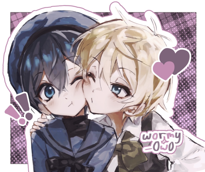 ! !! 2boys :t alois_trancy beret black_bow black_bowtie black_shirt black_vest blonde_hair blouse blue_eyes blue_hair blue_hat blue_sailor_collar blue_shirt bow bowtie brown_bow brown_bowtie cheek-to-cheek ciel_phantomhive collared_shirt hair_between_eyes hat heads_together heart highres kuroshitsuji long_sleeves looking_at_another looking_at_viewer male_focus multiple_boys outline puckered_lips sailor_collar shirt short_hair tareme turtleneck twitter_username upper_body vest white_outline white_shirt wormy_owo