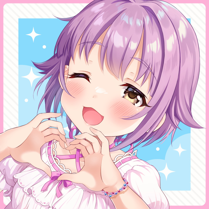 ;3 ;d blush bracelet brown_eyes dress hair_flaps heart heart_hands highres idolmaster idolmaster_cinderella_girls jewelry koshimizu_sachiko nako_narita one_eye_closed open_mouth puffy_short_sleeves puffy_sleeves purple_hair short_hair short_sleeves smile solo upper_body white_dress