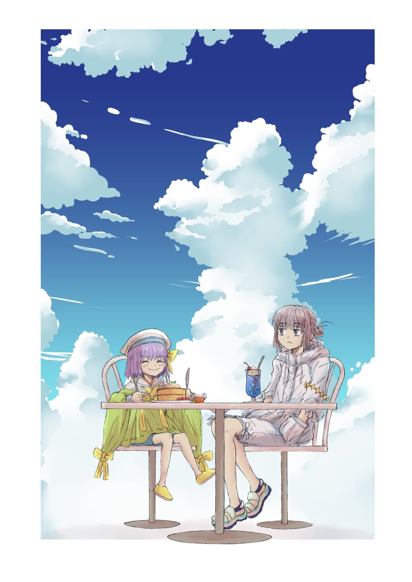 1boy 1girl :&lt; absurdres blue_eyes blue_sky bow chair cherry closed_eyes cloud cup drink eating fate/grand_order fate_(series) food fork fruit grey_hair hair_bow hands_in_pockets hat highres holding holding_fork holding_knife hood hood_down ice ice_cream ice_cream_float ice_cube jacket kazuradrop_(fate) kazuradrop_(first_ascension)_(fate) knife kuroyui_03 long_sleeves multicolored_footwear oberon_(fate) oberon_(refreshing_summer_prince)_(fate) official_alternate_costume pancake pancake_stack plate purple_hair sandals sitting sky smile table white_footwear white_hat white_jacket yellow_bow yellow_footwear