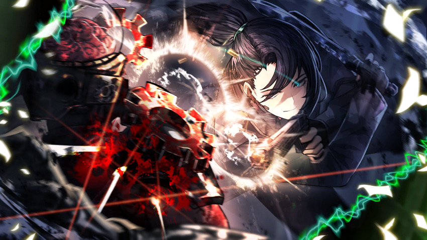 1boy 1other black_coat black_eyes black_hair black_necktie black_pants blue_eyes blue_hairband brain coat combat_knife firing full-stop_office_(identity)_(project_moon) game_cg gears gun hairband handgun heterochromia highres holding holding_knife hong_lu_(project_moon) knife library_of_ruina limbus_company nai_ga necktie official_art pants ponytail project_moon robot shell_casing solo_focus weapon