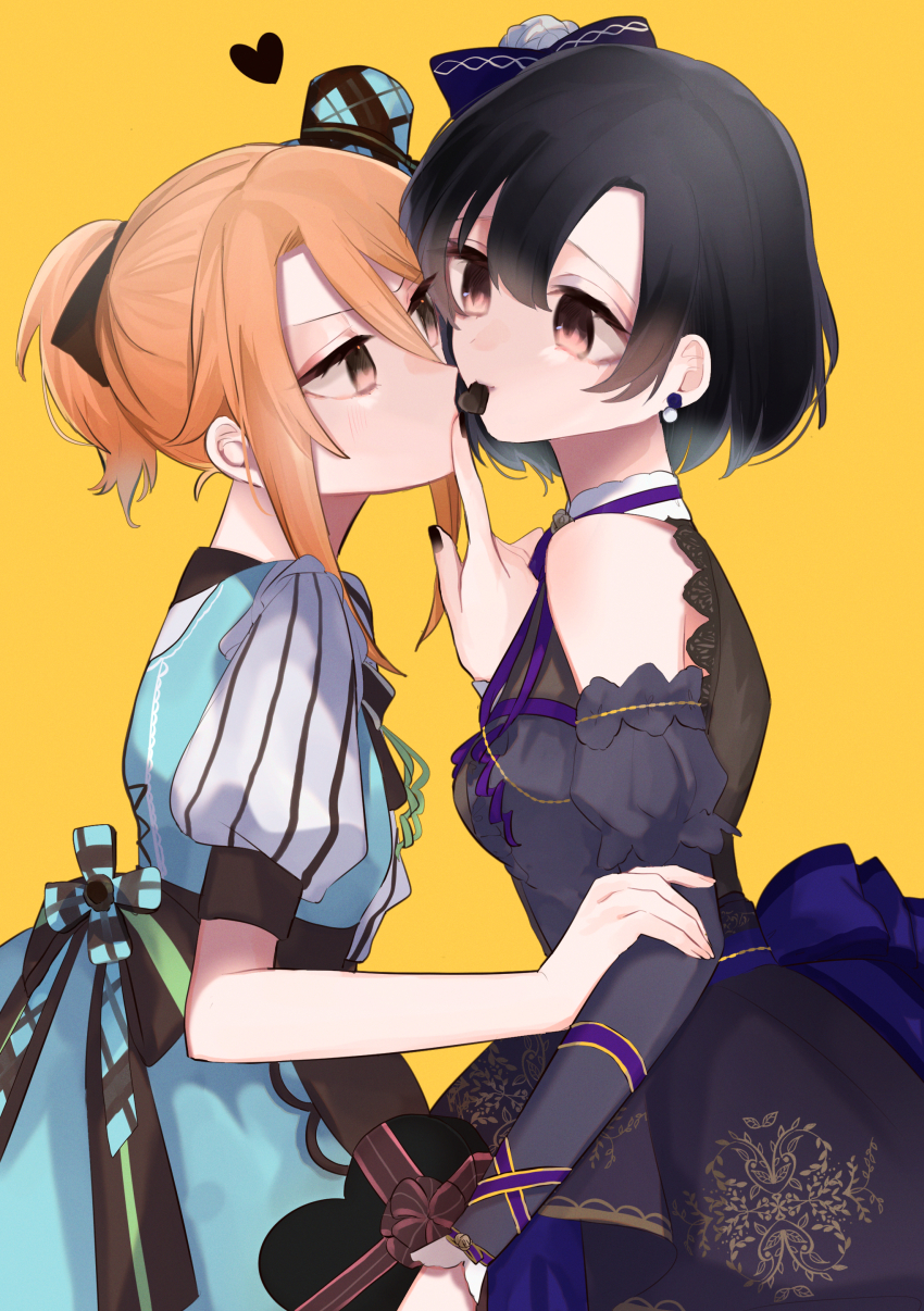 2girls absurdres anfuji_uiro black_footwear black_hair black_nails blue_dress blush brown_eyes clothing_cutout commentary dress earrings english_commentary finger_to_another&#039;s_mouth hand_on_another&#039;s_arm heart highres idolmaster idolmaster_cinderella_girls idolmaster_cinderella_girls_starlight_stage jewelry looking_at_another medium_hair mouth_hold multiple_girls orange_hair ponytail puffy_short_sleeves puffy_sleeves shiragiku_hotaru short_sleeves shoulder_cutout simple_background smile yellow_background yuri yuuki_haru