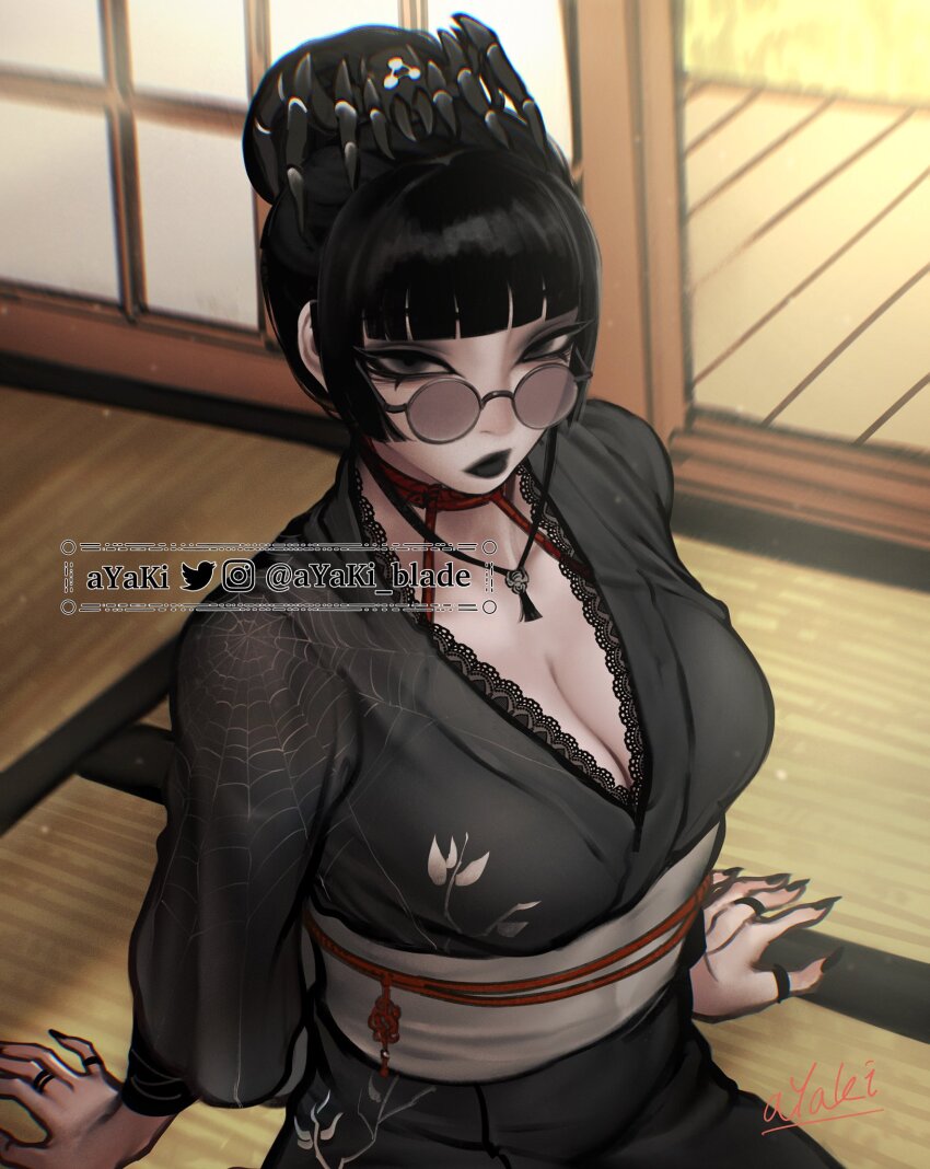 1girl artist_name ayaki_blade black_eyes black_eyeshadow black_hair black_kimono black_lips black_nails blunt_bangs blurry breasts bug cleavage commentary depth_of_field english_commentary eyeshadow fingernails floral_print floral_print_kimono from_above hair_bun highres indoors instagram_username japanese_clothes jewelry kimono looking_at_viewer makeup medium_breasts multiple_rings original ring round_eyewear sharp_fingernails shouji single_hair_bun sitting sliding_doors solo spider spider_web_print tassel twitter_username