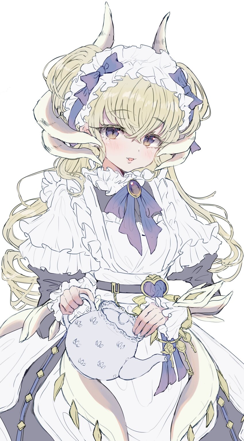 1girl absurdres blonde_hair cowboy_shot dragon_girl dragon_horns dress duel_monster highres holding holding_teapot horns lattice_dragonmaid maid maid_headdress p9v9o purple_eyes simple_background solo teapot white_background yu-gi-oh!