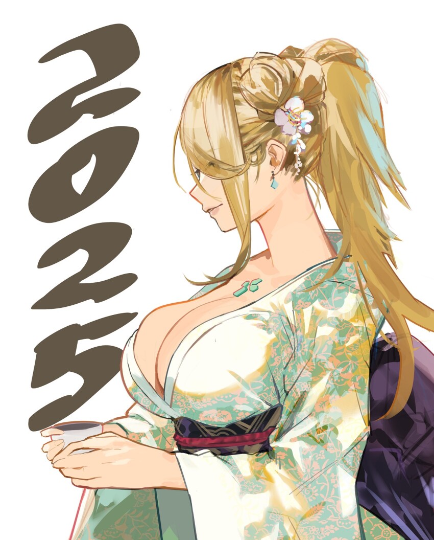 1girl 2025 blonde_hair breasts chest_jewel cleavage commentary cup earrings english_commentary eyes_visible_through_hair floral_print flower hair_flower hair_ornament high_ponytail highres holding holding_cup j@ck japanese_clothes jewelry kimono large_breasts mythra_(xenoblade) parted_lips profile solo swept_bangs upper_body white_background xenoblade_chronicles_(series) xenoblade_chronicles_2 yellow_eyes