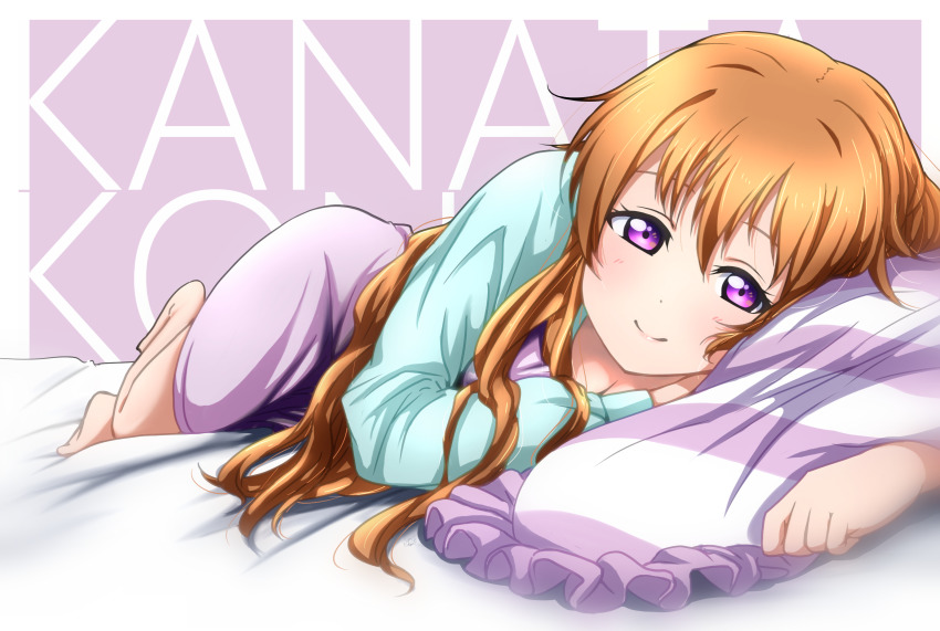 1girl artist_name artist_request bare_legs barefoot blush breasts brown_hair cleavage collarbone feet female_focus full_body hair_between_eyes hair_over_shoulder head_on_pillow highres konoe_kanata light_brown_hair long_hair long_sleeves looking_at_viewer love_live! love_live!_nijigasaki_high_school_idol_club love_live!_school_idol_festival medium_breasts miniskirt on_bed on_pillow pajamas parted_lips pillow plaid_clothes plaid_skirt pleated pleated_skirt purple_background purple_eyes purple_pajamas purple_shirt shirt skirt smile solo striped_pillow white_skirt