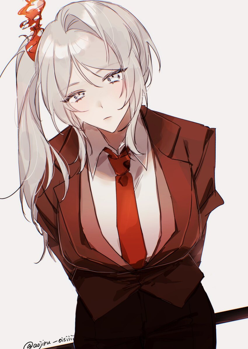 1girl aojiru_oisiiiii blue_eyes brown_jacket closed_mouth collared_shirt cowboy_shot faust_(project_moon) formal_clothes highres jacket lapels lce_(identity)_(project_moon) limbus_company long_hair looking_at_viewer necktie notched_lapels project_moon red_necktie shirt side_ponytail simple_background solo suit white_shirt