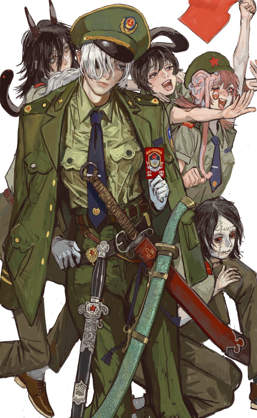 5girls absurdres black_hair chainsaw_man colored_sclera cosmo_(chainsaw_man) exposed_brain eyepatch flag gloves green_jacket green_pants highres holding holding_flag horns jacket long_(chainsaw_man) long_hair military military_jacket military_uniform mossacannibalis multiple_girls necktie open_mouth pants people&#039;s_liberation_army people&#039;s_republic_of_china_flag pingtsi_(chainsaw_man) quanxi_(chainsaw_man) short_hair simple_background stitches sword tsugihagi_(chainsaw_man) weapon white_background white_gloves white_hair