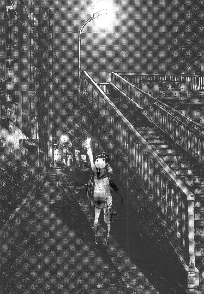 1girl arm_up bag building cellphone greyscale halftone_texture highres holding holding_bag holding_phone lamppost long_sleeves looking_up monochrome night no_mouth original phone power_lines railing scenery sidewalk skirt smartphone socks solo somato_tubuyaki stairs standing twintails walkway wide_shot