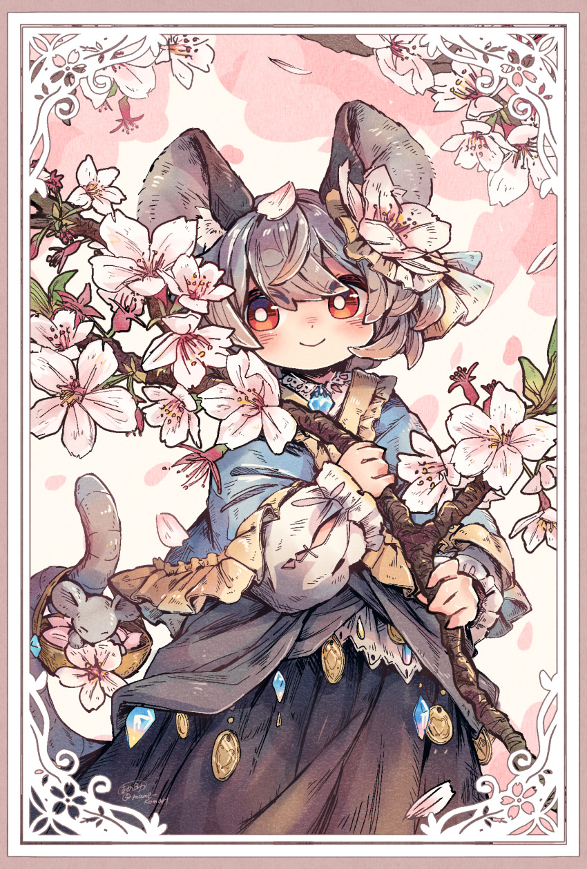 1girl animal animal_ears basket blue_capelet border branch bright_pupils capelet cherry_blossoms closed_mouth commentary_request crystal crystal_necklace dot_nose dress falling_petals flower frilled_capelet frilled_sleeves frills grey_dress grey_hair hair_flower hair_ornament hand_up highres holding holding_basket holding_branch holding_with_tail jaggy_lines jewelry long_sleeves mame_komari medium_hair mouse_(animal) mouse_ears mouse_girl mouse_tail nazrin ornate_border pendant petals pink_flower prehensile_tail red_eyes short_eyebrows signature smile solo standing tail thick_eyebrows touhou twitter_username white_flower white_pupils