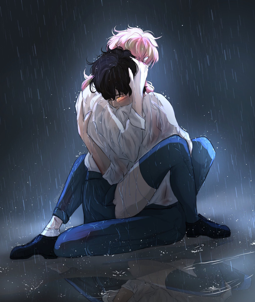 1boy 1girl artist_name black_footwear black_hair blue_pants blue_thighhighs cuts hand_on_another&#039;s_head hecoute hetero highres hug injury john_(unordinary) outdoors pants pink_hair rain reflection school_uniform seraphina_(unordinary) shirt short_hair skirt thighhighs unordinary wet white_shirt yellow_eyes