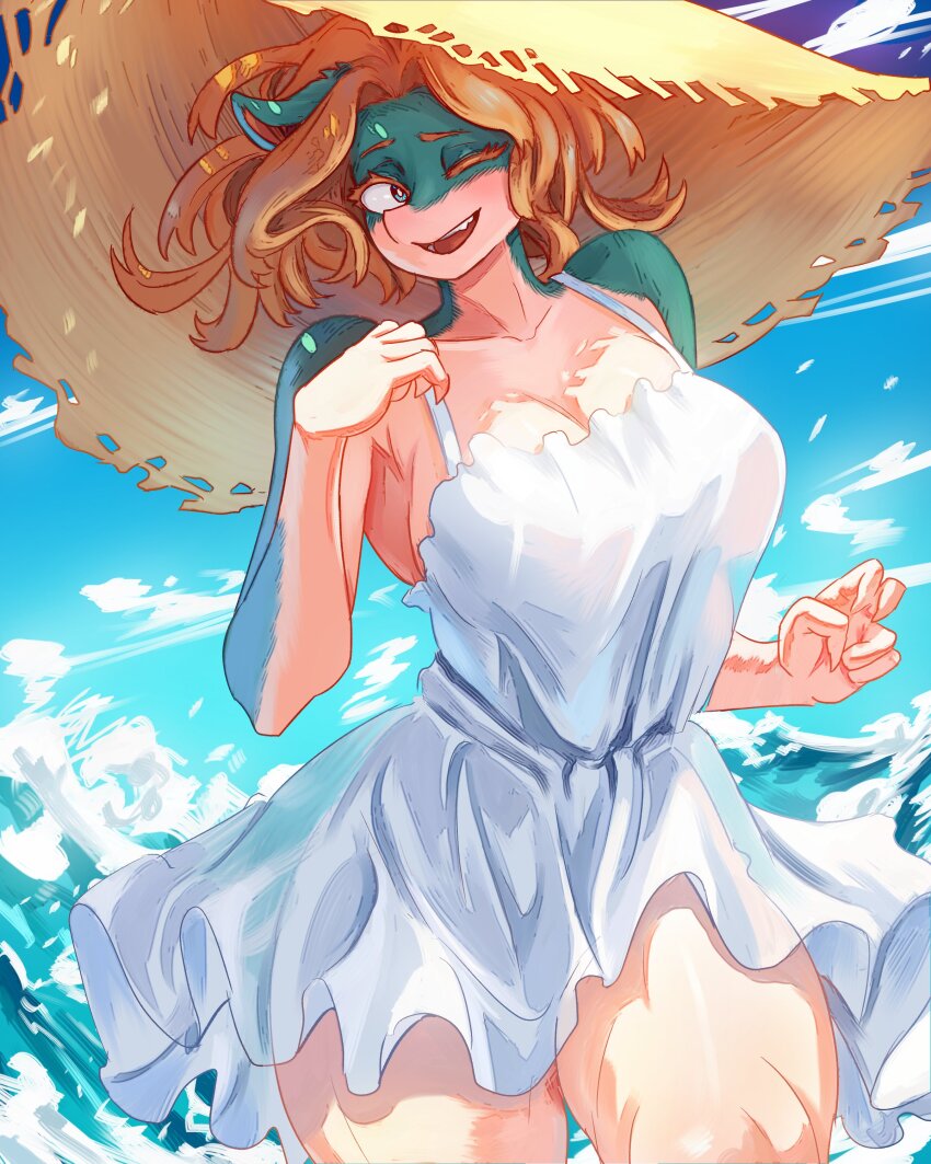 1girl absurdres boku_no_hero_academia furry highres ippan_josei one_eye_closed smile solo swim_dress swimsuit water wink