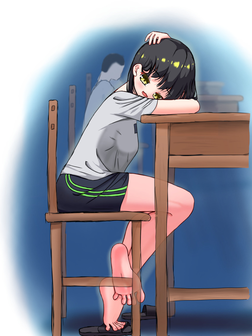 1girl absurdres barefoot black_hair chair desk feet highres light_blush looking_at_viewer medium_hair open_mouth school_desk shirt shoes shorts sitting slippers soles t-shirt toes transparent_background tsukasa49003 unworn_shoes yellow_eyes