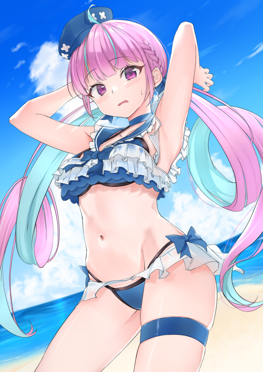 1girl ahoge alternate_costume armpits arms_up beach bikini blue_hair blue_headwear blue_sailor_collar blue_sky blunt_bangs blush braid colored_inner_hair commentary contrapposto drill_hair dutch_angle french_braid frilled_bikini frills groin highleg highleg_bikini highres hololive long_hair looking_at_viewer minato_aqua motoraku multicolored_hair ocean purple_eyes purple_hair sailor_bikini sailor_collar sidelocks sky solo streaked_hair sweat swimsuit thigh_strap twin_braids twin_drills twintails two-tone_hair virtual_youtuber