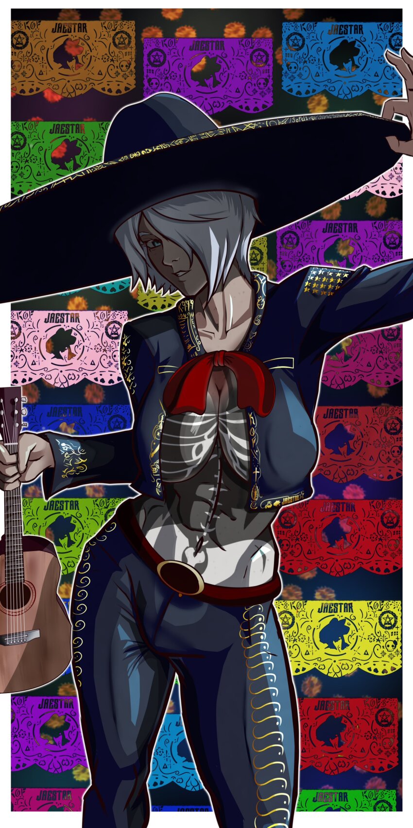 1girl absurdres acoustic_guitar angel_(kof) blue_eyes breasts charro dia_de_muertos guitar hair_over_one_eye hat highres instrument jacket jaestarj large_breasts looking_at_viewer mariachi mexican_clothes mexican_dress mexico midriff naked_jacket navel no_bra papel_picado short_hair skeleton smile snk solo sombrero the_king_of_fighters toned toned_female white_hair