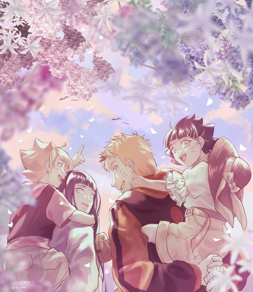 2boys 2girls absurdres black_hair blonde_hair blue_eyes blurry blurry_foreground boruto:_naruto_next_generations brother_and_sister carrying child family father_and_daughter father_and_son hat highres hood hood_down hooded_jacket hyuuga_hinata jacket long_hair looking_back mother_and_daughter mother_and_son multiple_boys multiple_girls nanimook_kore naruto_(series) piggyback pointing pointing_up shirt short_hair siblings spiked_hair straw_hat uzumaki_boruto uzumaki_himawari uzumaki_naruto whiskers white_eyes white_shirt