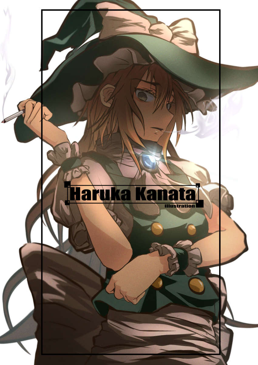 1girl absurdres artist_name ascot back_bow between_fingers black_hat black_vest blonde_hair bow breasts brooch cigarette cowboy_shot hair_between_eyes haruka_kanata_(togassi1) hat hat_bow highres holding holding_cigarette jewelry kirisame_marisa large_bow large_hat long_hair looking_at_viewer puffy_short_sleeves puffy_sleeves shirt short_sleeves simple_background small_breasts smoking solo touhou vest white_ascot white_background white_bow white_shirt witch_hat wrist_cuffs