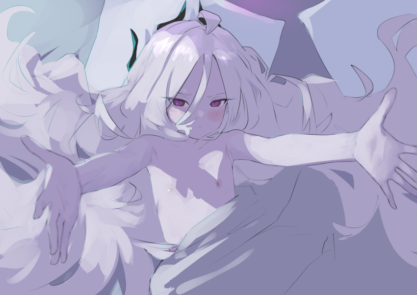 1girl ahoge armpits blue_archive blush closed_mouth commentary_request demon_horns flat_chest forehead from_above hair_between_eyes hina_(blue_archive) horns hug_invitation long_hair lying mbrito019 narrowed_eyes nipples on_back outstretched_arms pale_skin purple_eyes ribs sketch slit_pupils solo under_covers very_long_hair white_hair