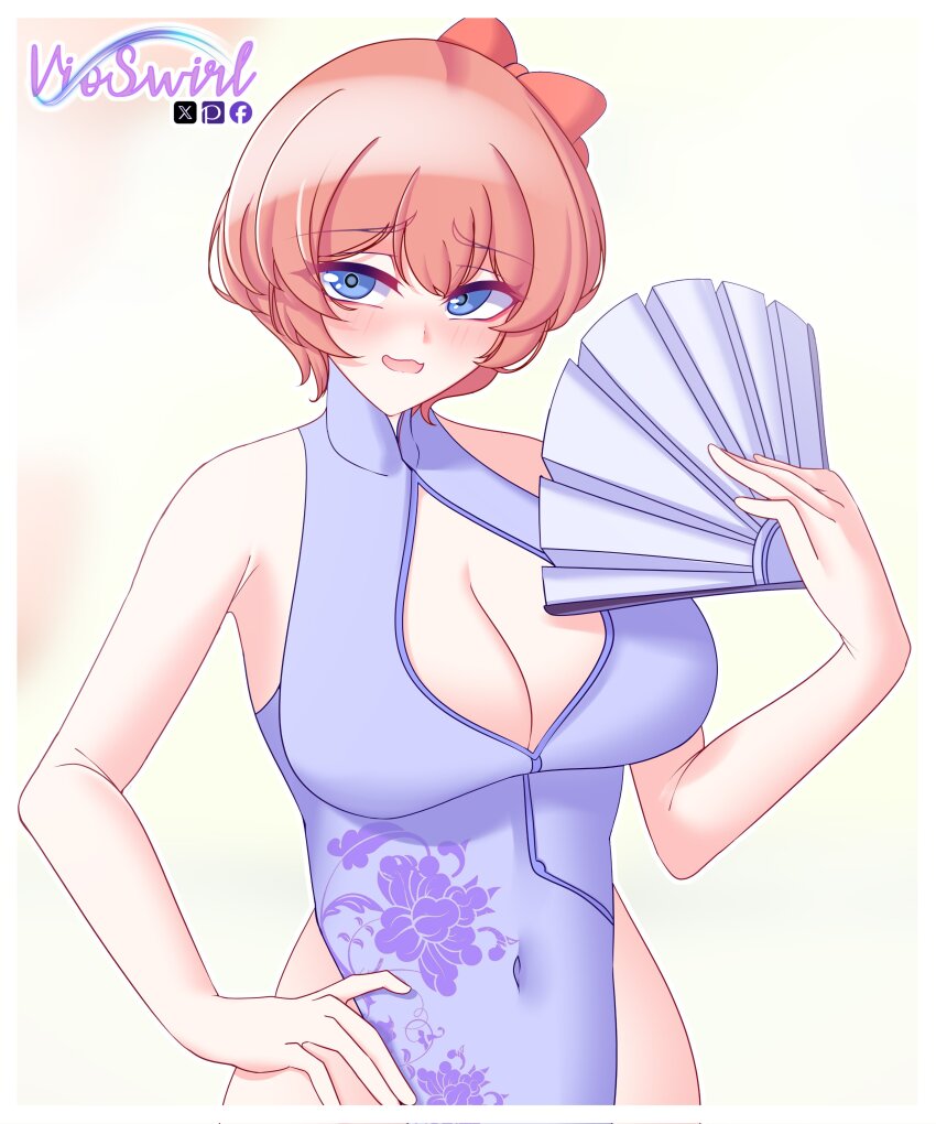 1girl bare_hips blue_dress blue_eyes blush bow breasts china_dress chinese_clothes cleavage cleavage_cutout clothing_cutout doki_doki_literature_club dress hair_ornament hand_fan hand_on_own_hip open_mouth pink_hair sayori_(doki_doki_literature_club) short_hair simple_background smile tagme vioswirl