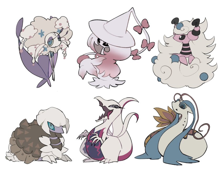 alternate_color ampharos black_sclera blue_eyes bow chibi closed_mouth colored_sclera creatures_(company) dot_mouth espathra fairy feathers florges flower full_body game_freak gen_2_pokemon gen_3_pokemon gen_6_pokemon gen_7_pokemon gen_8_pokemon grey_eyes hair_bow hat hatterene highres looking_at_viewer mega_ampharos mega_pokemon milotic nintendo no_humans open_mouth pokemon pokemon_(creature) salazzle serpent shiny_pokemon smile standing torori_toro white_background witch_hat