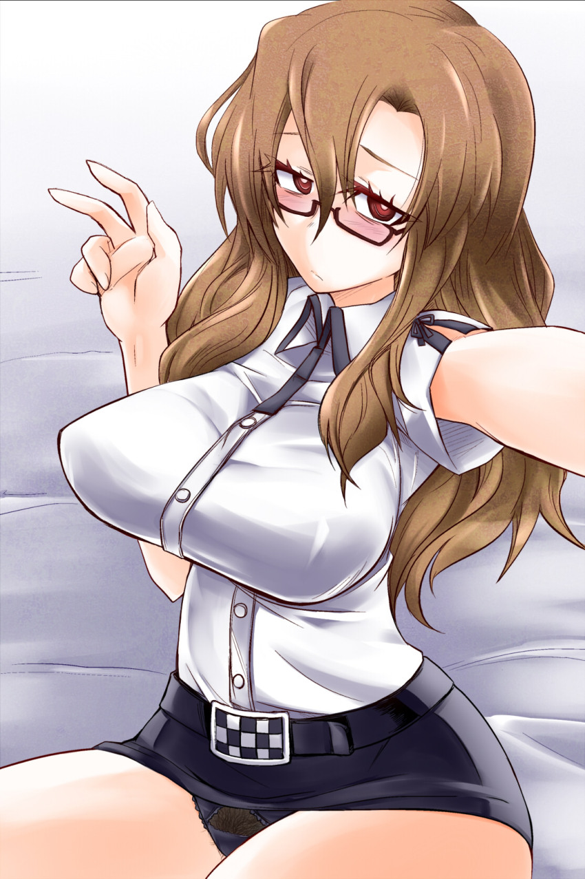 1girl bags_under_eyes belt belt_buckle black_panties black_skirt blush breasts brown_hair buckle female_pubic_hair glasses highres kiryuu_moeka kobayashi_tetsuya large_breasts long_hair looking_at_viewer panties pantyshot pencil_skirt pubic_hair pubic_hair_peek red_eyes see-through_clothes see-through_panties selfie semi-rimless_eyewear shirt skirt solo_focus steins;gate under-rim_eyewear underwear upskirt v white_shirt