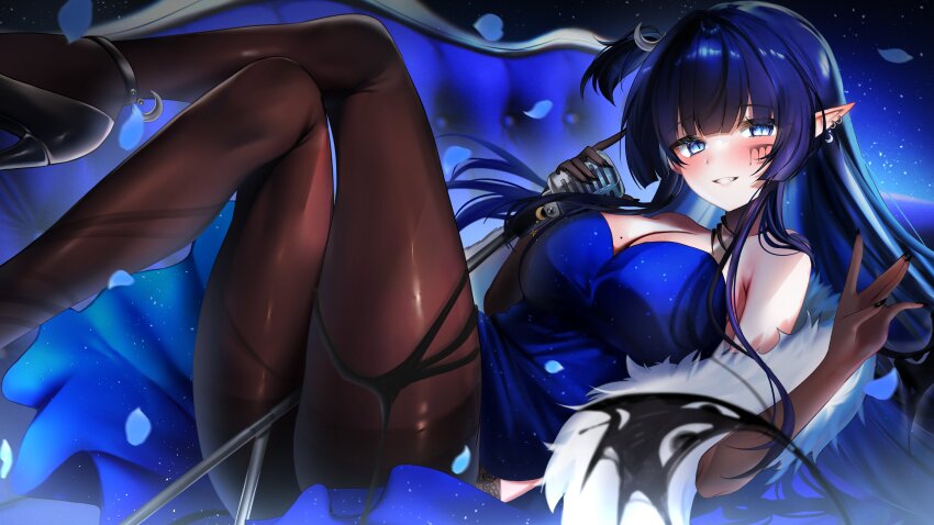 1girl absurdres between_thighs black_footwear black_nails blue_dress blue_eyes blue_hair breasts brown_gloves brown_pantyhose cleavage couch crescent crossed_legs demon_girl demon_tail dress earrings evening_gown gloves high_heels highres jewelry large_breasts legs legs_up long_hair looking_at_viewer lying maru_ccy microphone microphone_stand mole mole_on_breast night on_back pantyhose petals pointy_ears rem_kanashibari shoes side_slit solo star_(sky) star_(symbol) star_print tail thick_thighs thighband_pantyhose thighs v4mirai virtual_youtuber wings