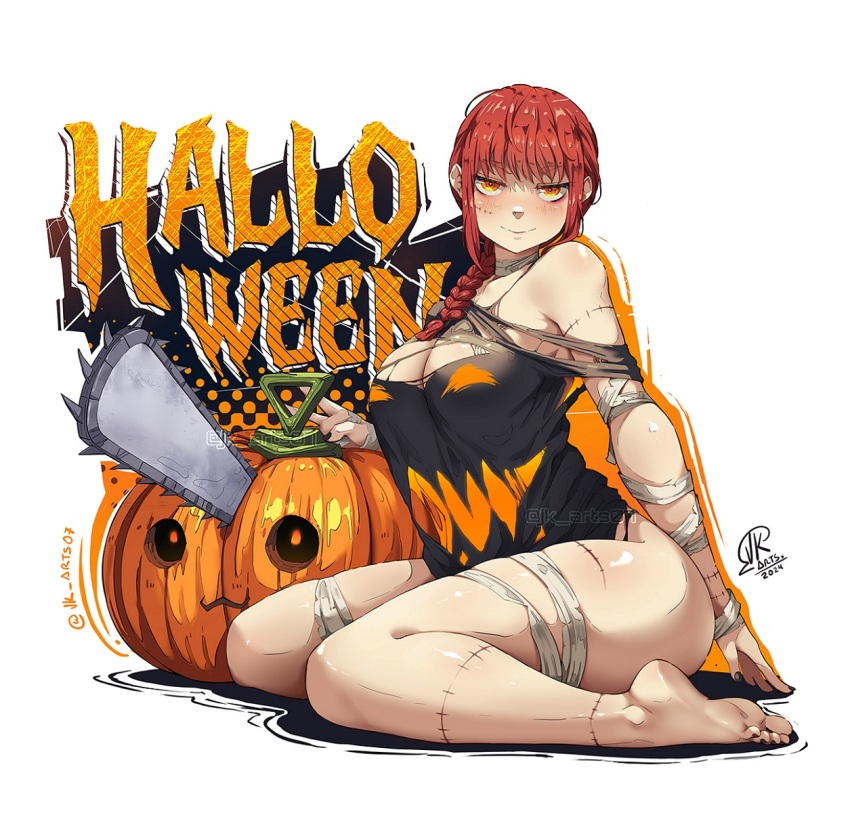 1girl bandaged_arm bandaged_leg bandages black_nails braid breasts chainsaw chainsaw_man cleavage closed_mouth halloween highres jack-o&#039;-lantern jack-o&#039;-lantern_print jk_arts large_breasts makima_(chainsaw_man) pochita_(chainsaw_man) red_eyes red_hair single_braid sitting smile solo stitched_arm stitched_face stitches wariza