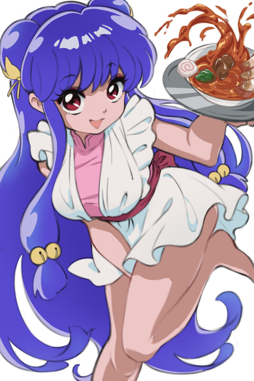 1girl apron bare_legs bell blue_hair bowl double_bun food hair_bell hair_bun hair_ornament highres holding holding_tray long_hair looking_at_viewer maid_apron ranma_1/2 red_eyes shampoo_(ranma_1/2) sidelocks simple_background smile tamakiwachi tray white_apron white_background