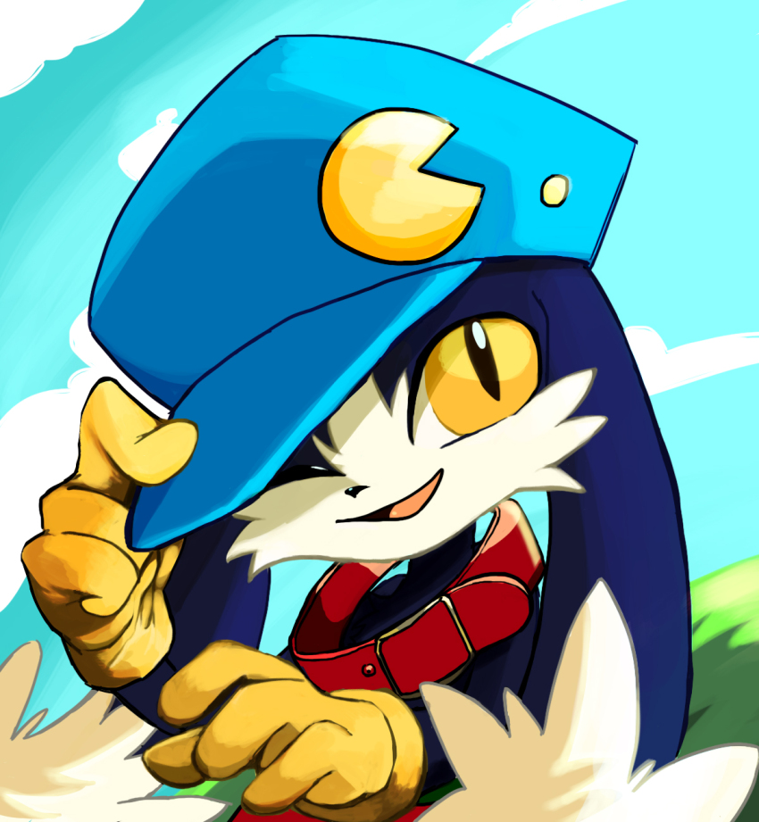 1boy animal_collar blue_headwear blue_sky collar furry furry_male gloves highres kaze_no_klonoa klonoa lion_gaaou looking_at_viewer pac-man sky smile solo yellow_eyes yellow_gloves