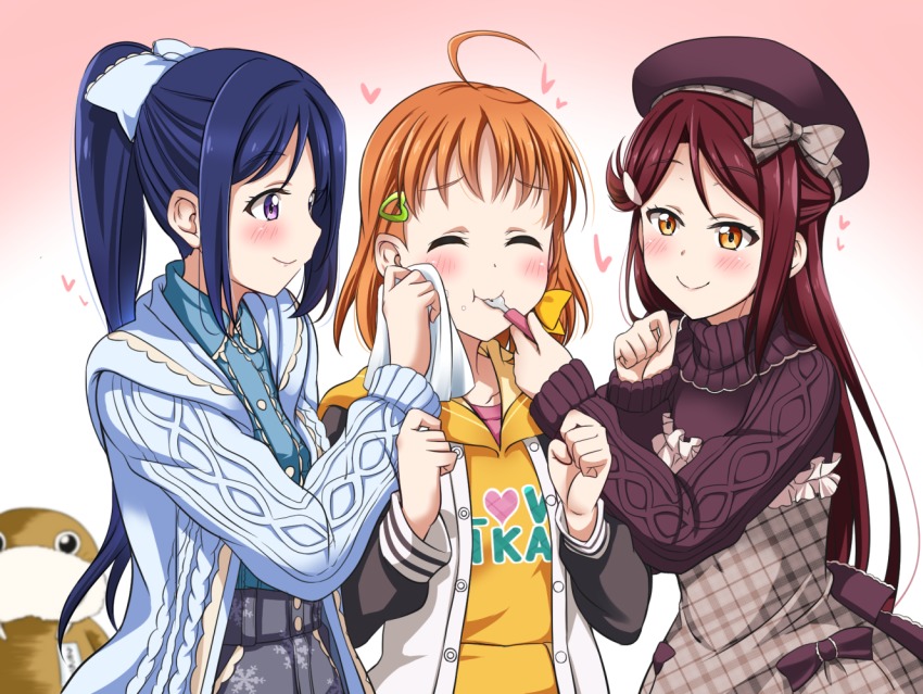 10s ahoge beret blue_hair feeding fork hair_ornament hairclip hat heart hoshino_ouka jacket long_hair love_live! love_live!_school_idol_festival love_live!_sunshine!! matsuura_kanan multiple_girls orange_hair plaid ponytail red_hair sakurauchi_riko short_hair snowflake_print takami_chika uchicchii wiping_face