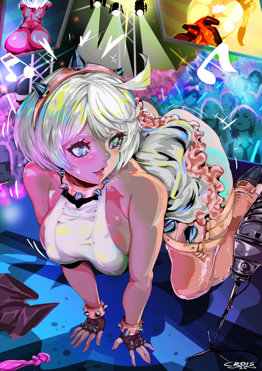 absurdres all_fours ass blue_eyes bracelet breasts collar concert crois crowd dress elphelt_valentine exhibitionism fingerless_gloves gloves guilty_gear guilty_gear_strive highres jewelry large_breasts microphone musical_note public_indecency spiked_bracelet spiked_collar spikes white_dress white_hair