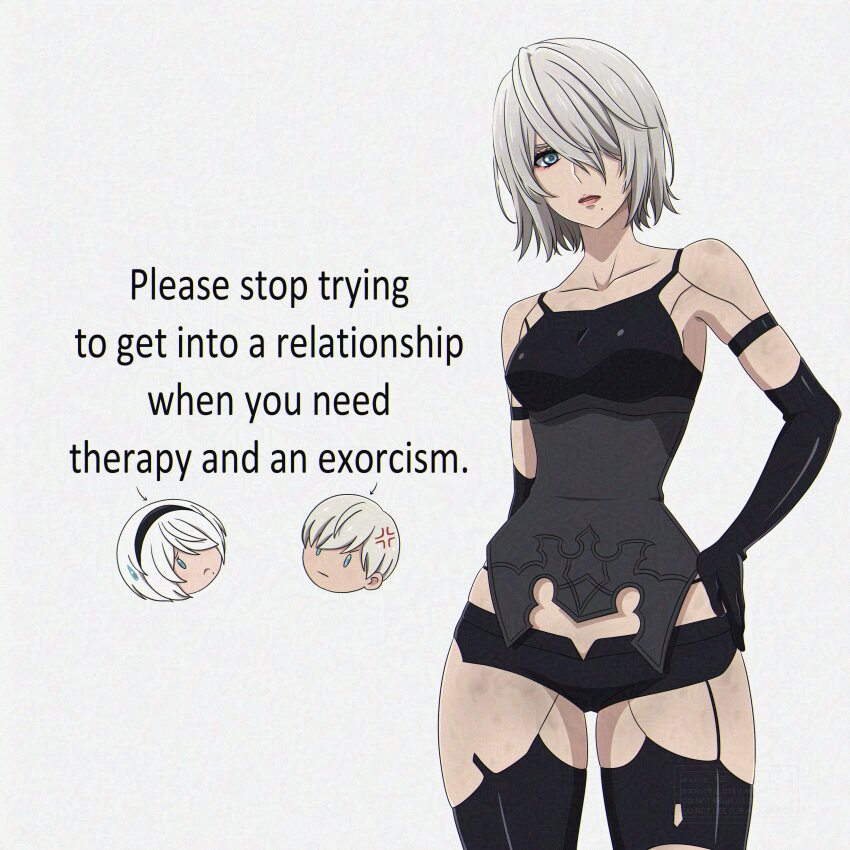 1boy 2b_(nier:automata) 2girls 9s_(nier:automata) a2_(nier:automata) absurdres blue_eyes commentary english_commentary english_text hand_on_own_hip highres looking_at_viewer multiple_girls nier:automata nier_(series) shirl_geem short_hair white_background white_hair