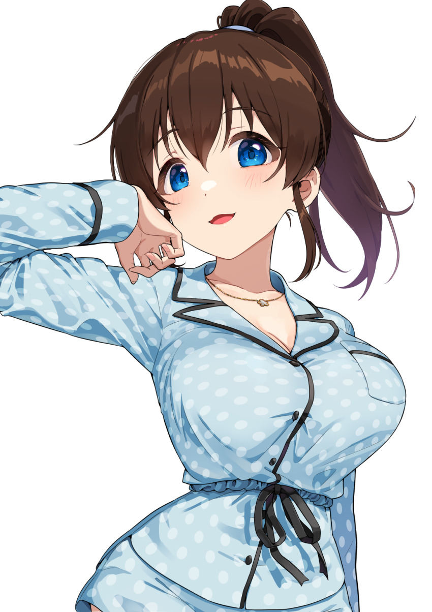 1girl aqua_pajamas blue_eyes blush breasts brown_hair cleavage commentary_request highres idolmaster idolmaster_million_live! jewelry kamille_(vcx68) long_hair long_sleeves looking_at_viewer medium_breasts necklace pajamas polka_dot polka_dot_pajamas ponytail satake_minako smile solo