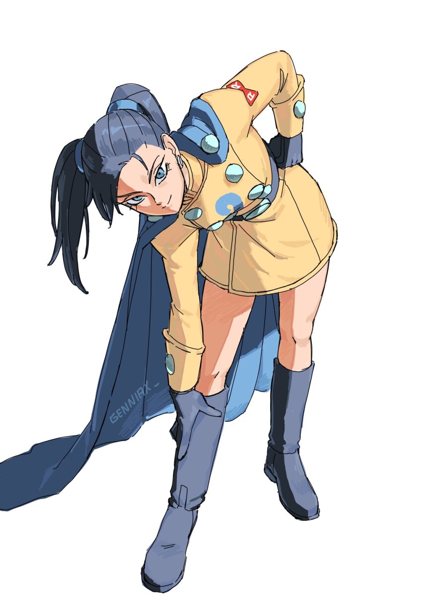 1girl belt black_belt black_footwear black_gloves black_hair blue_cape blue_eyes boots cape commentary dragon_ball dragon_ball_super dragon_ball_super_super_hero earrings english_commentary full_body gamma_2 genderswap genderswap_(mtf) genniax gloves hand_on_own_hip hand_on_own_leg highres jewelry leaning_forward looking_at_viewer red_ribbon_army signature skirt smile solo twintails white_background