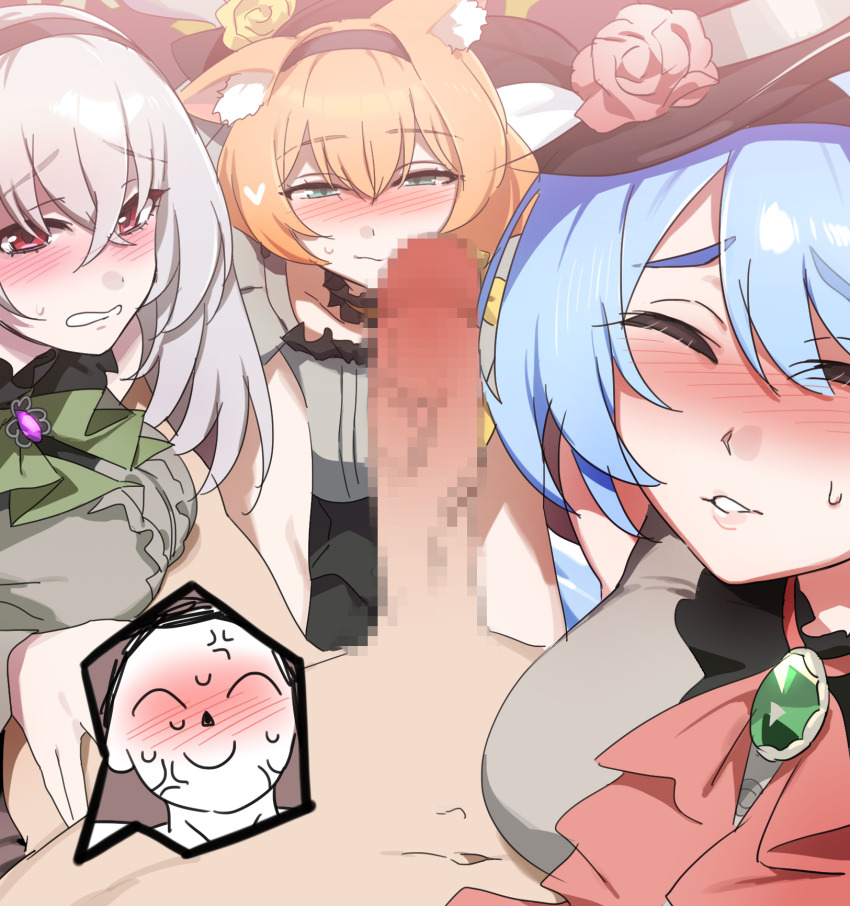 1boy 3girls anger_vein animal_ear_fluff animal_ears black_headband blue_archive blue_hair censored clothed_female_nude_male commentary doodle_sensei_(blue_archive) erection flower grey_hair hat hat_flower headband highres huge_penis long_hair looking_at_penis mari_(blue_archive) mari_(idol)_(blue_archive) mine_(blue_archive) mine_(idol)_(blue_archive) mosaic_censoring multiple_girls nude official_alternate_costume orange_hair penis penis_awe pov saki_(remainaddd) sakurako_(blue_archive) sakurako_(idol)_(blue_archive) sensei_(blue_archive) top_hat